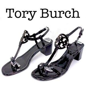 Tory Burch Miller Black Patent Leather T Strap Logo Block Sandals Size 10 1/2